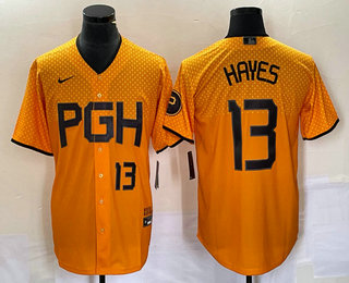 Men's Pittsburgh Pirates #13  KeBryan Hayes Number Gold 2023 City Connect Stitched Jersey 03