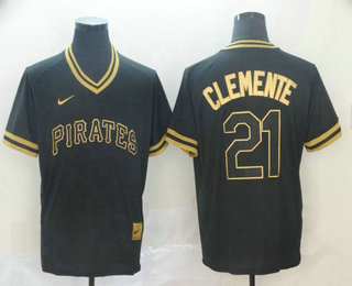 Men's Pittsburgh Pirates #21 Roberto Clemente Black Gold Nike Cooperstown Legend V Neck Jersey