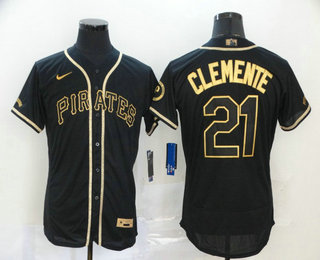 Men's Pittsburgh Pirates #21 Roberto Clemente Black With Gold Stitched MLB Flex Base Nike Jersey