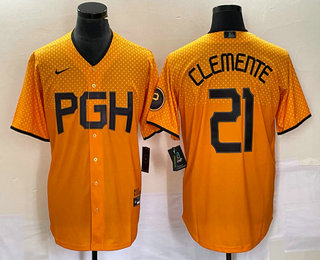 Men's Pittsburgh Pirates #21 Roberto Clemente Gold 2023 City Connect Stitched Jersey 01