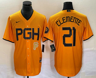 Men's Pittsburgh Pirates #21 Roberto Clemente Gold 2023 City Connect Stitched Jersey 02