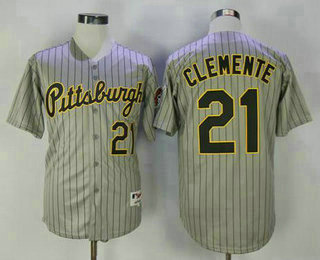 Men's Pittsburgh Pirates #21 Roberto Clemente Gray Pinstripe 1997 Throwback Turn Back The Clock MLB Majestic Collection Jersey