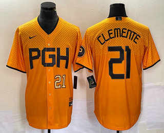 Men's Pittsburgh Pirates #21 Roberto Clemente Number Gold 2023 City Connect Stitched Jersey 01