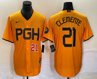 Men's Pittsburgh Pirates #21 Roberto Clemente Number Gold 2023 City Connect Stitched Jersey 03