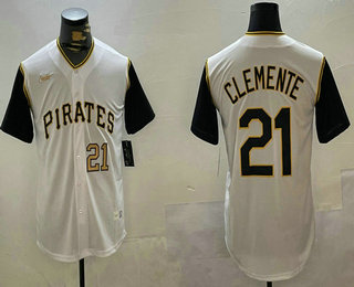 Men's Pittsburgh Pirates #21 Roberto Clemente Number White Black Throwback Collection Nike Jersey