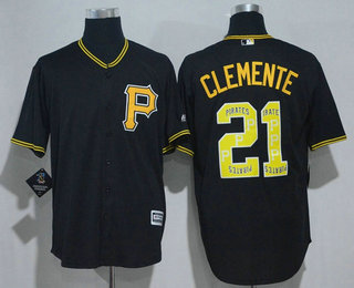 Men's Pittsburgh Pirates #21 Roberto Clemente Retired Black Team Logo Ornamented Stitched MLB Majestic Cool Base Jersey