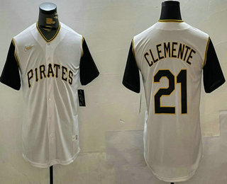 Men's Pittsburgh Pirates #21 Roberto Clemente White Black Throwback Collection Nike Jersey