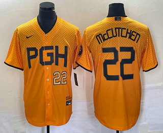 Men's Pittsburgh Pirates #22 Andrew McCutchen Number Yellow 2023 City Connect Stitched Jersey 01