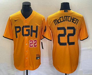 Men's Pittsburgh Pirates #22 Andrew McCutchen Number Yellow 2023 City Connect Stitched Jersey 04