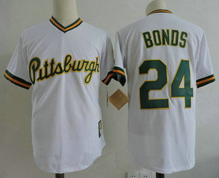 Men's Pittsburgh Pirates #24 Barry Bonds White with Green name number Stitched MLB Majestic Cooperstown Collection Jersey