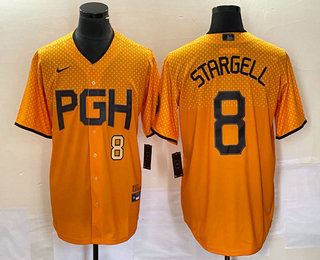 Men's Pittsburgh Pirates #8 Willie Stargell Number Gold 2023 City Connect Stitched Jersey 01