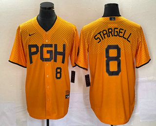 Men's Pittsburgh Pirates #8 Willie Stargell Number Gold 2023 City Connect Stitched Jersey 02