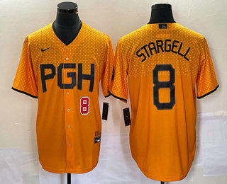 Men's Pittsburgh Pirates #8 Willie Stargell Number Gold 2023 City Connect Stitched Jersey 03