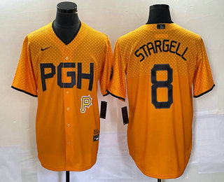 Men's Pittsburgh Pirates #8 Willie Stargell Yellow 2023 City Connect Stitched Jersey 01