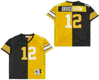 Men's Pittsburgh Steelers #12 Terry Bradshaw Black Yellow Split Throwback Jersey