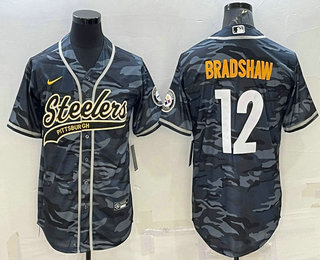 Men's Pittsburgh Steelers #12 Terry Bradshaw Grey Navy Camo With Patch Cool Base Stitched Baseball Jersey