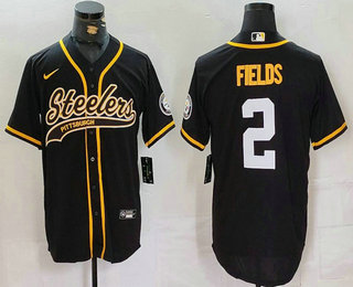 Men's Pittsburgh Steelers #2 Justin Fields Black With Patch Cool Base Stitched Baseball Jersey