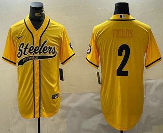 Men's Pittsburgh Steelers #2 Justin Fields Yellow With Patch Cool Base Stitched Baseball Jersey