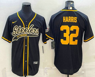 Men's Pittsburgh Steelers #32 Franco Harris Black Gold With Patch Cool Base Stitched Baseball Jersey