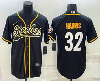 Men's Pittsburgh Steelers #32 Franco Harris Black With Patch Cool Base Stitched Baseball Jersey 01