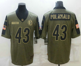 Men's Pittsburgh Steelers #43 Troy Polamalu 2021 Olive Salute To Service Limited Stitched Jersey