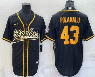 Men's Pittsburgh Steelers #43 Troy Polamalu Black Gold With Patch Cool Base Stitched Baseball Jersey