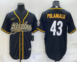 Men's Pittsburgh Steelers #43 Troy Polamalu Black With Patch Cool Base Stitched Baseball Jersey