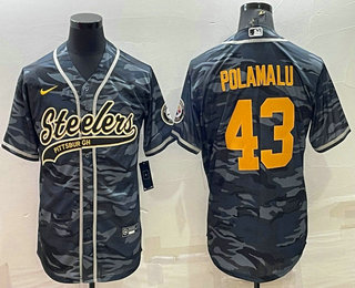 Men's Pittsburgh Steelers #43 Troy Polamalu Grey Navy Camo With Patch Cool Base Stitched Baseball Jersey