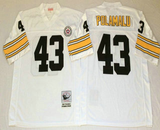 Men's Pittsburgh Steelers #43 Troy Polamalu White Throwback Jersey by Mitchell & Ness