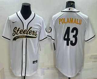 Men's Pittsburgh Steelers #43 Troy Polamalu White With Patch Cool Base Stitched Baseball Jersey