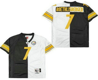 Men's Pittsburgh Steelers #7 Ben Roethlisberger Black White Split 2005 Throwback Jersey