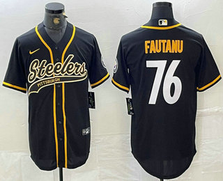Men's Pittsburgh Steelers #76 Troy Fautanu Black With Patch Cool Base Stitched Baseball Jersey