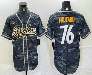 Men's Pittsburgh Steelers #76 Troy Fautanu Grey Camo With Patch Cool Base Stitched Baseball Jersey