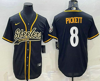 Men's Pittsburgh Steelers #8 Kenny Pickett Black With Patch Cool Base Stitched Baseball Jersey