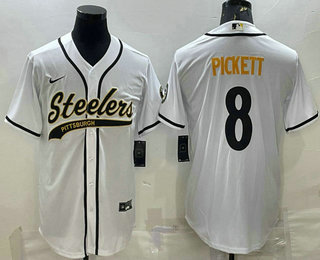 Men's Pittsburgh Steelers #8 Kenny Pickett White With Patch Cool Base Stitched Baseball Jersey