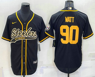 Men's Pittsburgh Steelers #90 TJ Watt Black Gold With Patch Cool Base Stitched Baseball Jersey