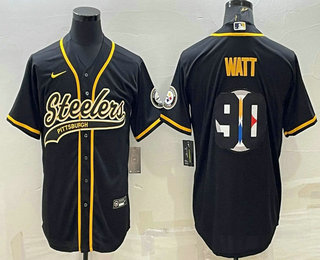 Men's Pittsburgh Steelers #90 TJ Watt Black Team Big Logo With Patch Cool Base Stitched Baseball Jersey