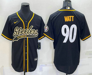 Men's Pittsburgh Steelers #90 TJ Watt Black With Patch Cool Base Stitched Baseball Jersey