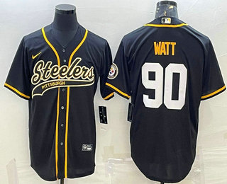 Men's Pittsburgh Steelers #90 TJ Watt Black With Patch Cool Base Stitched Baseball Jersey