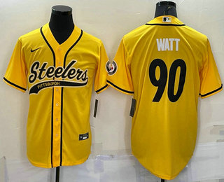 Men's Pittsburgh Steelers #90 TJ Watt Gold With Patch Cool Base Stitched Baseball Jersey