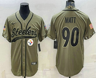 Men's Pittsburgh Steelers #90 TJ Watt Olive 2022 Salute to Service Cool Base Stitched Baseball Jersey