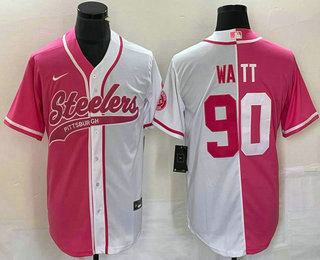 Men's Pittsburgh Steelers #90 TJ Watt Pink White Two Tone With Patch Cool Base Stitched Baseball Jersey