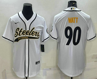 Men's Pittsburgh Steelers #90 TJ Watt White With Patch Cool Base Stitched Baseball Jersey