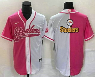 Men's Pittsburgh Steelers Big Logo Pink White Two Tone With Patch Cool Base Stitched Baseball Jersey