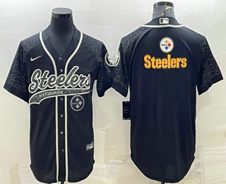 Men's Pittsburgh Steelers Black Reflective Team Big Logo With Patch Cool Base Stitched Baseball Jersey