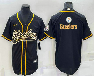 Men's Pittsburgh Steelers Black Team Big Logo With Patch Cool Base Stitched Baseball Jersey