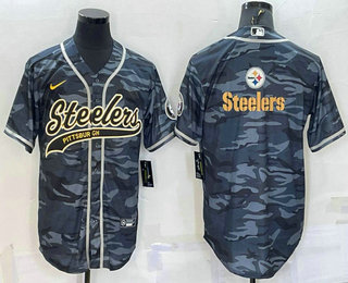 Men's Pittsburgh Steelers Blank Grey Camo Team Big Logo With Patch Cool Base Stitched Baseball Jersey