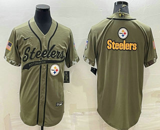 Men's Pittsburgh Steelers Blank Olive Salute to Service Team Big Logo Cool Base Stitched Baseball Jersey