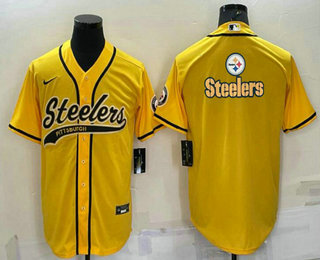 Men's Pittsburgh Steelers Gold Team Big Logo With Patch Cool Base Stitched Baseball Jersey