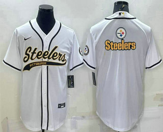 Men's Pittsburgh Steelers White Team Big Logo With Patch Cool Base Stitched Baseball Jersey